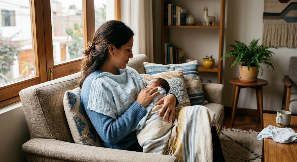 Mamá da de lactar a su bebé recién nacido en el sofá de su sala