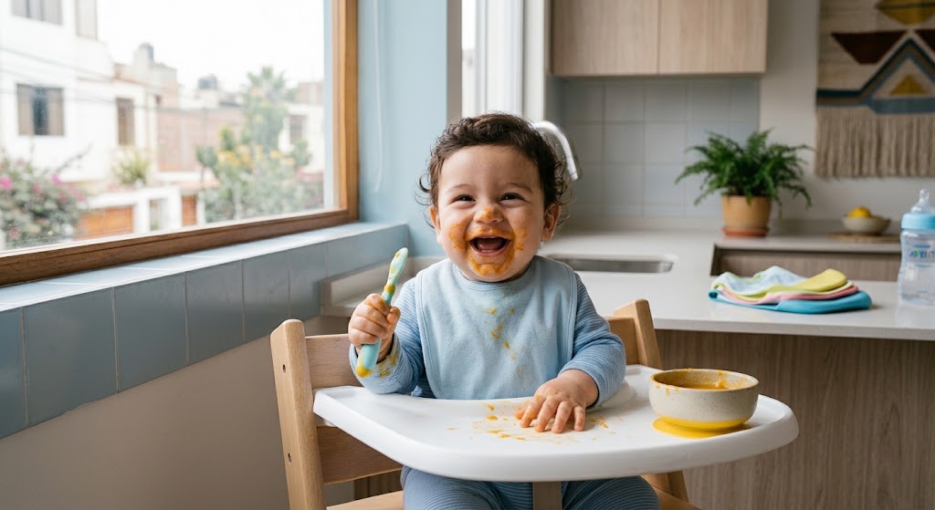 Bebé sonriente en su silla de comer con la cara manchada de puré