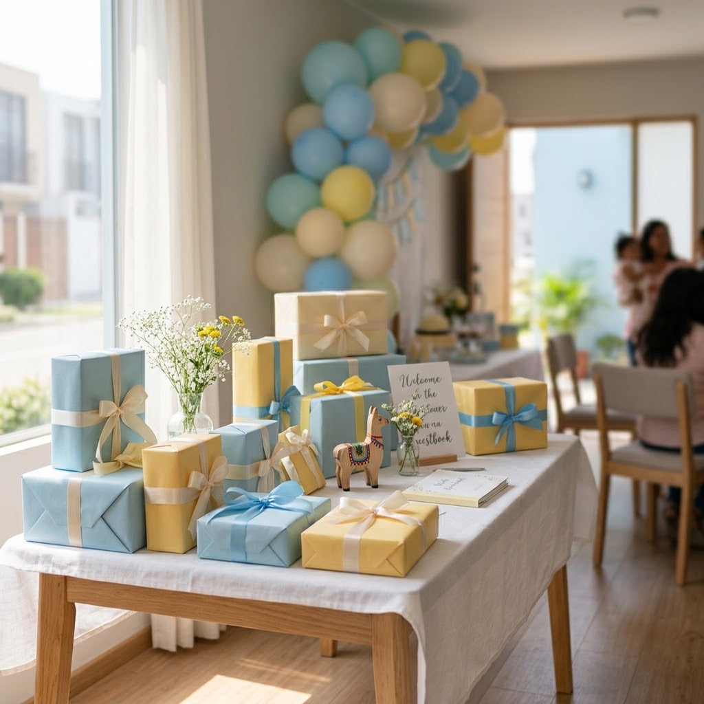 Mesa de baby shower con regalos envueltos en celeste y amarillo