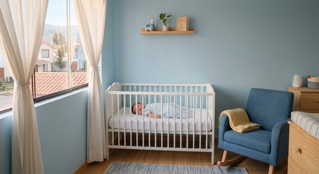 Cuarto de bebé fresco con cuna despejada y bebé durmiendo boca arriba con saco de dormir