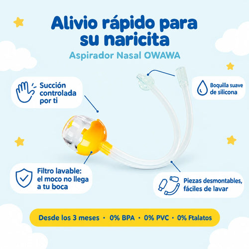Beneficios del Aspirador Nasal OWAWA: succión controlada, boquilla suave de silicona, filtro lavable y piezas desmontables. Desde los 3 meses