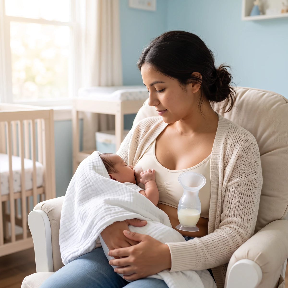 Mamá dando de lactar mientras el colector OWAWA recoge la leche del otro pecho