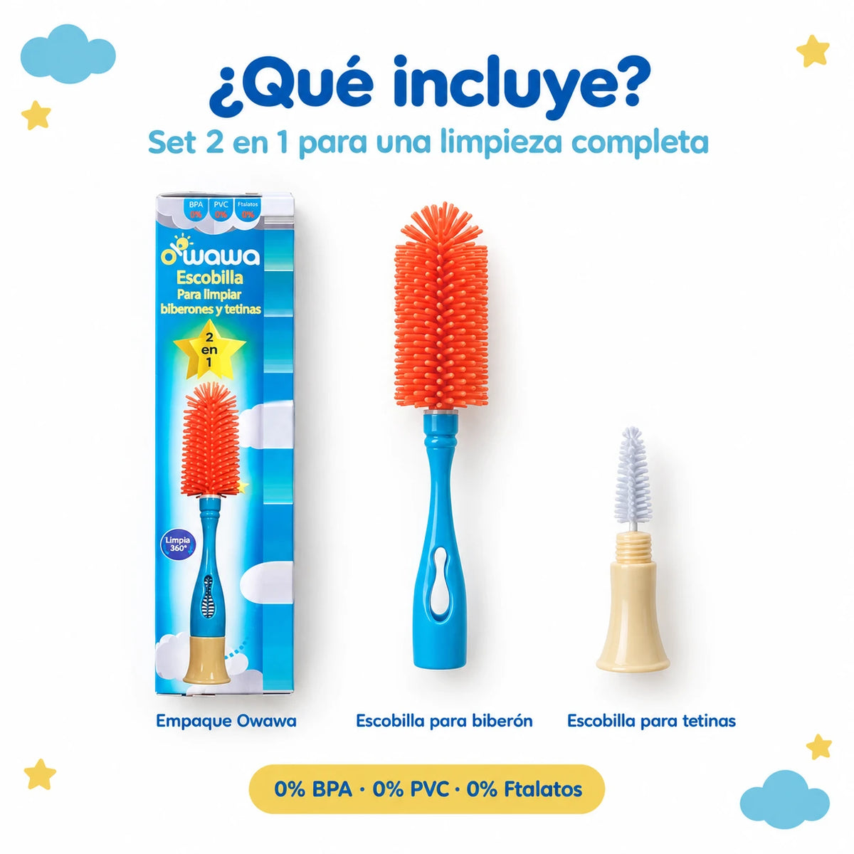 Qué incluye la Escobilla OWAWA: empaque, escobilla para biberón y escobilla para tetinas