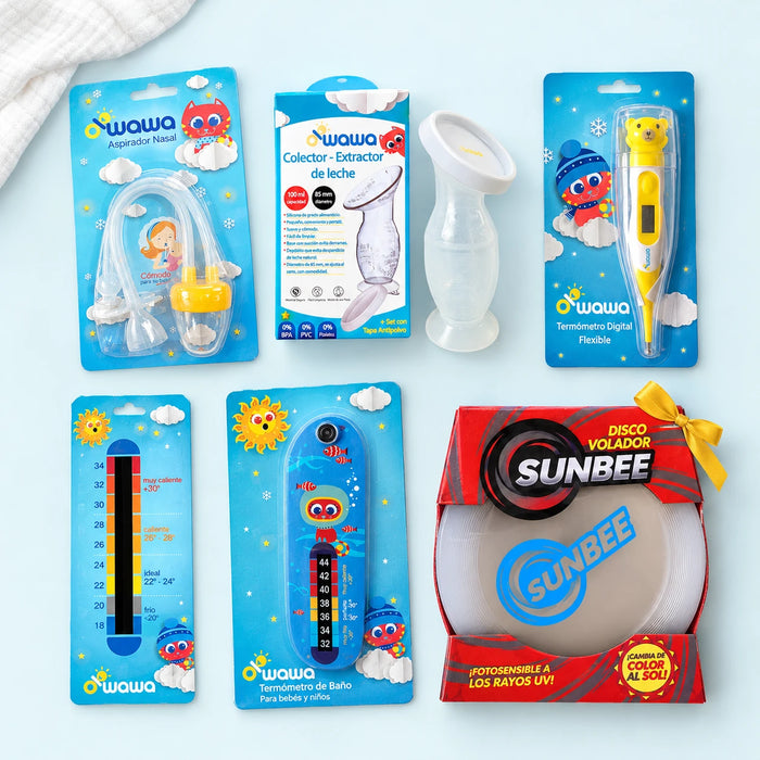 Kit Bienvenida OWAWA: aspirador nasal, colector de leche, termómetro digital, termómetro de ambiente, termómetro de baño y disco volador Sunbee de regalo